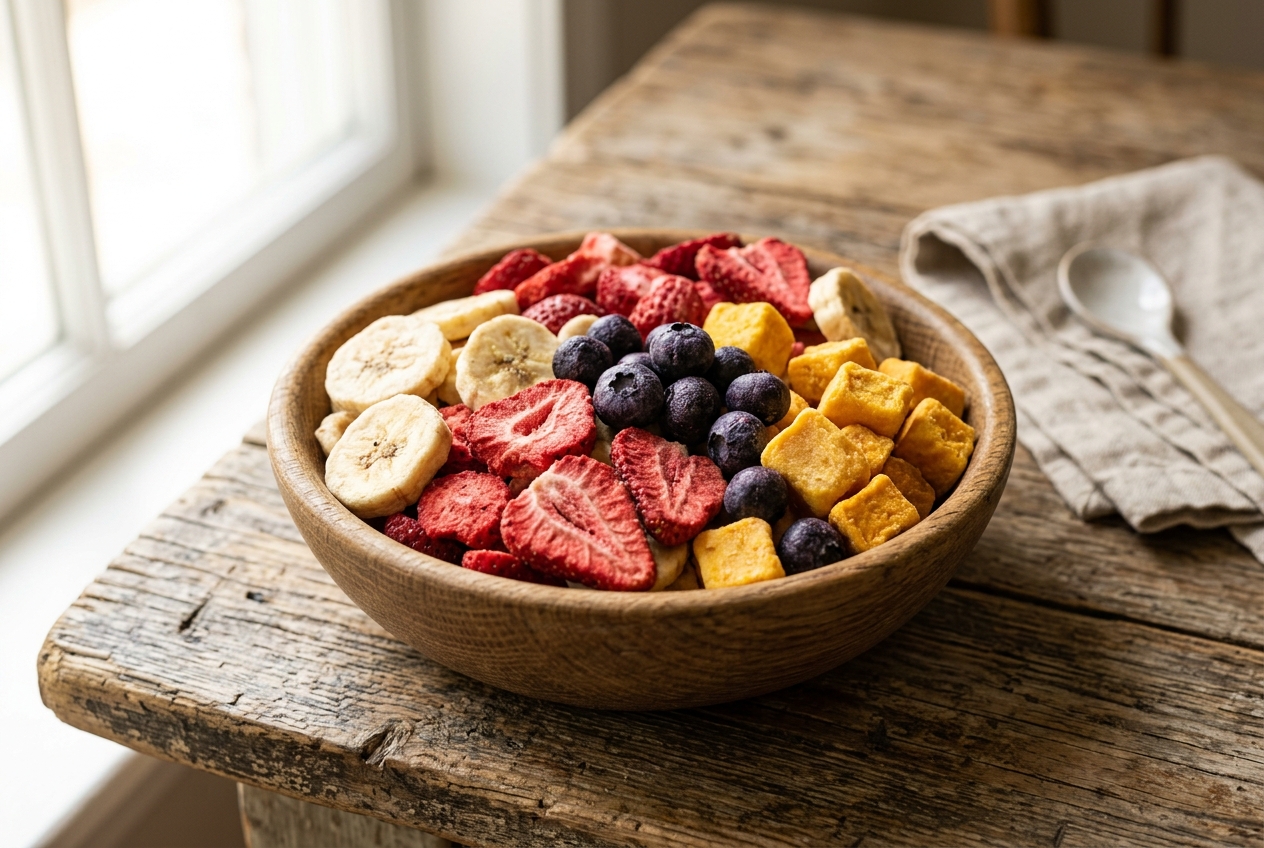 High definition freeze-dried strawberries, bananas, blueberries, and mango